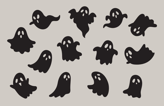Cute minimalist flying ghost silhouettes vector illustration set. Simple black Halloween ghost cutout shapes isolated on white background.