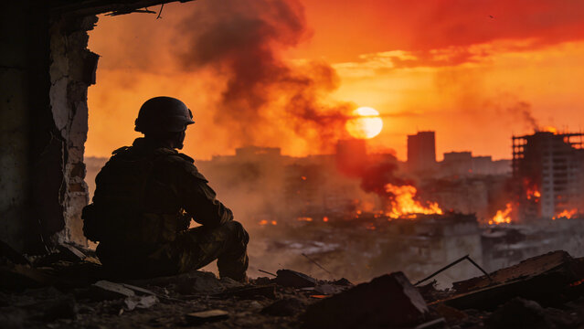 Silhouette of a lone soldier standing in a post-apocalyptic landscape at sunset. Desolate city ruins surround them.