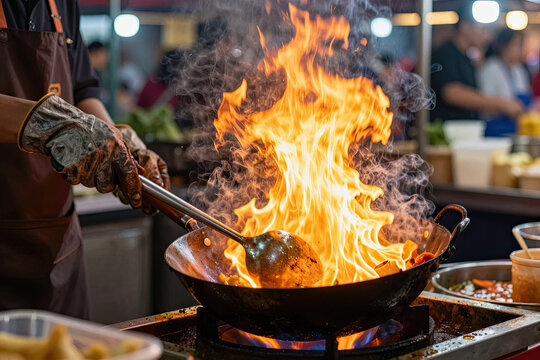 Chef performing dramatic flame cooking in wok with intense fire during professional kitchen demonstration, dynamic culinary concept