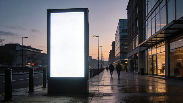 Blank white vertical digital billboard poster on city street bus stop sign at night, blurred urban background with skyscraper, people, mockup for advertisement, marketing.
