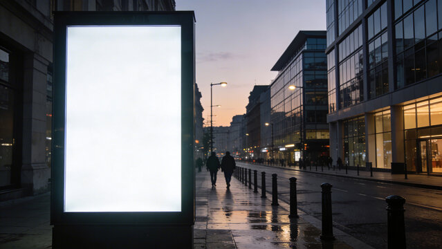 Blank white vertical digital billboard poster on city street bus stop sign at night, blurred urban background with skyscraper, people, mockup for advertisement, marketing.