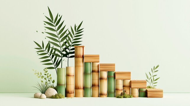 Bamboo stalks arranged in a stepped pattern with green ferns and small plants on a light background.