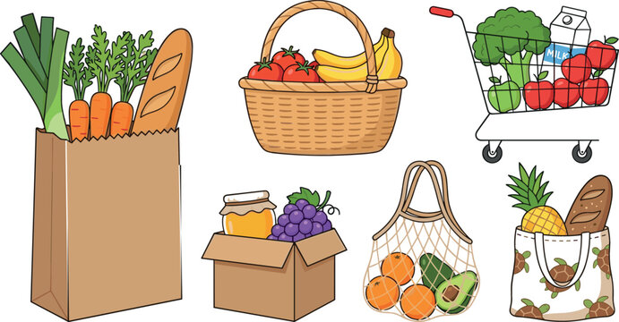Grocery shopping and fresh food vector set with paper bag wicker basket cart box net tote filled with vegetables fruit and bread