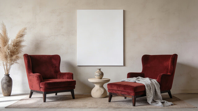 minimalistic interrior desighn with red chair and blank canvas mockup on a wall. A 3D render of a minimalist living room with a blue velvet red chair and a large square picture frame on a wall.