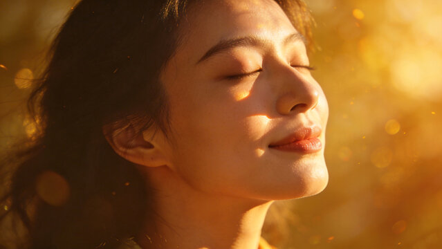 Woman stands in a natural setting with closed eyes, taking in warmth and light from the sun during golden hour.