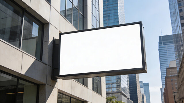 A blank square sign hangs from a modern glass building on a sunny day. A second building is blurred in the background