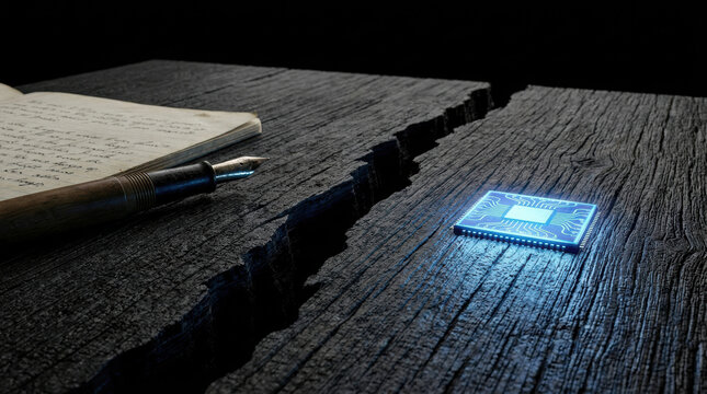 Workforce automation skills gap on dark wood desk with notebook and pen near glowing chip symbolizing learning