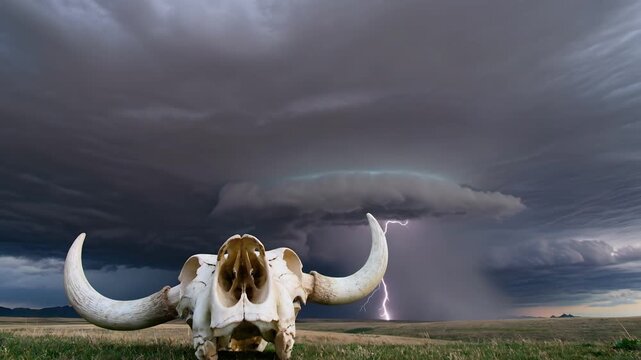 Cow skull on prairie under a massive supercell storm with lightning. 4K Video