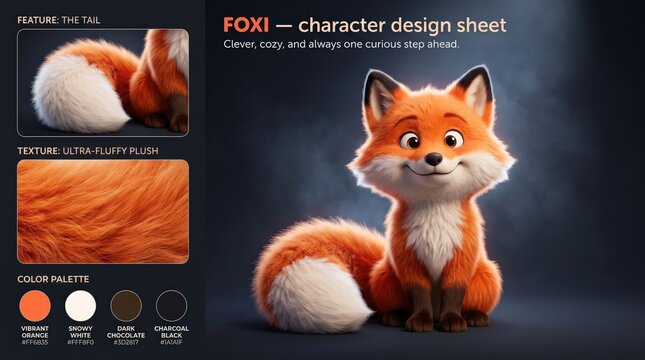 Cartoon fox character design sheet featuring vibrant orange and white fur, ultra-fluffy texture, and detailed color palette for creative projects and mockups