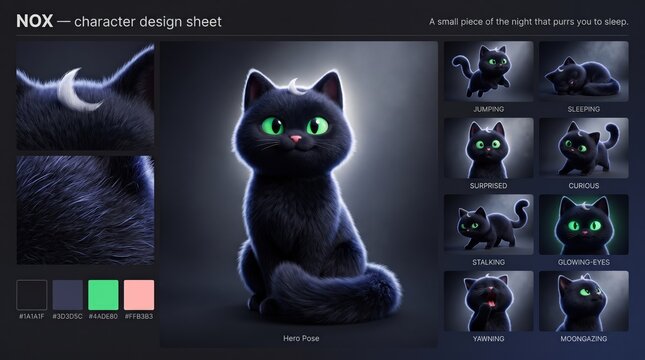 Cartoon cat character design sheet featuring various poses including jumping, sleeping, and yawning, with color palette and visual attributes displayed for design reference