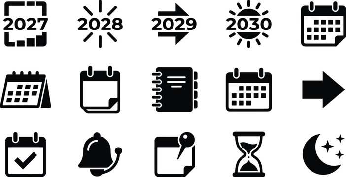 2027 2028 2029 2030 Calendar Icon Collection with Scheduling Planning and Time Management Symbols
