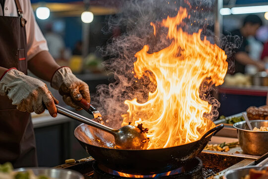 Professional Chef Performing Flamb&eacute; Technique with Dramatic Flames in Wok During Food Preparation in Modern Kitchen