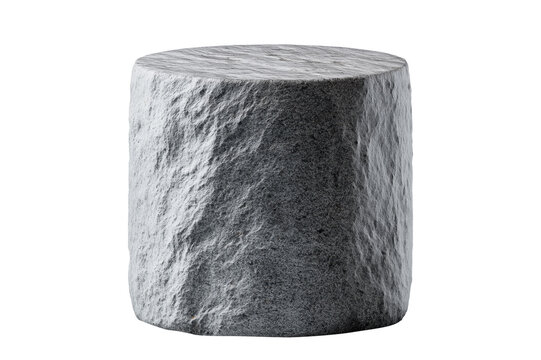 Stone cylindrical pedestal with rough texture shown isolated on white background, concept of minimal decor