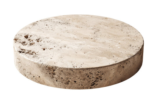 Weathered travertine stone slab podium isolated on white background, concept of durability and natural texture