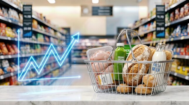Shopping basket filled with groceries including bread, milk, and meat placed on a marble countertop in a grocery store aisle with visible price tags and products