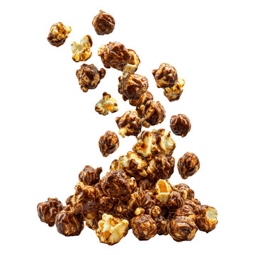 Caramel popcorn with flowing chocolate isolated on white background, concept of cinema sweet snack indulgence
