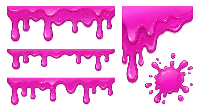 Pink slime drips and liquid splashes. Vibrant magenta melting goo borders and blobs.