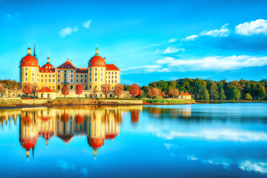 Amazing view of Moritzburg Castle near Dresden. Popular tourist destination.