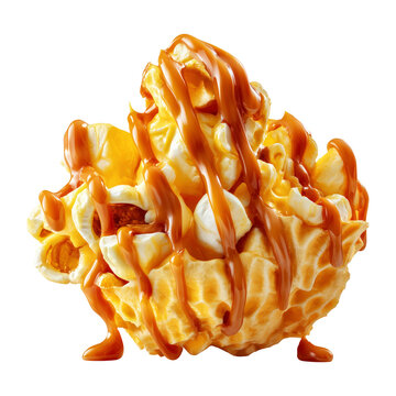 Closeup view of golden caramel drizzled popcorn kernel isolated on white background, concept of cinema sweet snack temptation