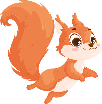 Playful cartoon squirrel with fluffy orange fur and a big tail, captured mid-leap with an adorable, cheerful expression.