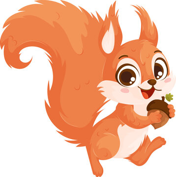 Playful cartoon squirrel with vibrant orange fur, big fluffy tail, and cheerful expression, holding an acorn in its paws.