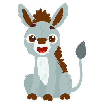 Cute cartoon donkey with big ears, fluffy mane, and cheerful expression, sitting happily with a playful and friendly vibe.