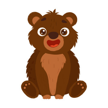 Adorable cartoon bear with brown fur and a happy expression, sitting upright in a playful and friendly pose on white background.
