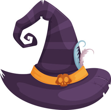 Illustration of a striped purple witch hat featuring a curled tip, skull detail, orange band, and feather accents on a white background.