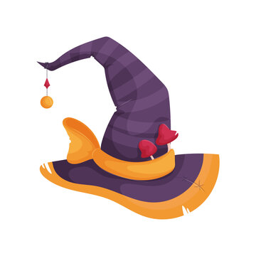Illustration of a purple striped witch hat featuring a hanging pendant, yellow accents, and red mushroom decorations on a white background.