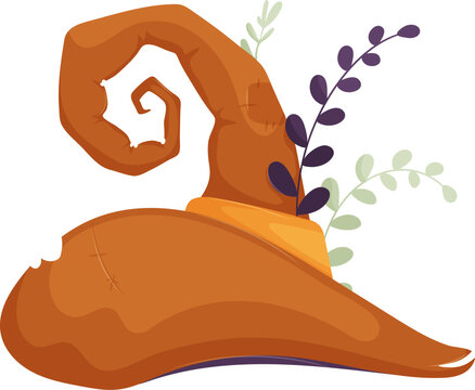 Illustration of a brown witch hat featuring a curled tip, tattered design, and leafy accents for a rustic, magical feel.