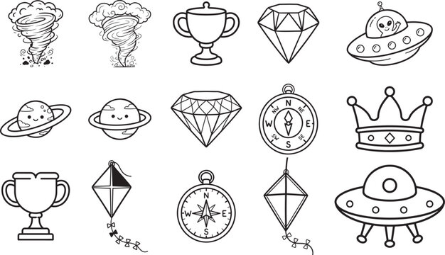 Cute Adventure and Fantasy Doodle Icons Set &ndash; Hand Drawn Outline Vector Collection with Tornado, Trophy, Diamond, UFO, Planet, Compass, Crown and Kite Illustrations