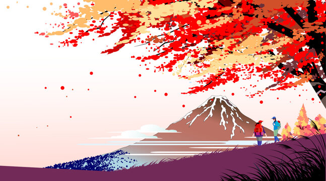 秋の富士山と紅葉を背景にハイキングを楽しむ人物のベクターイラスト