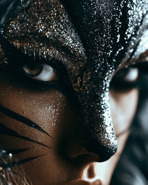 Close-up of a face with dramatic glitter and tiger stripes makeup