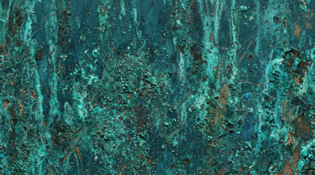 Oxidized copper metal surface with patina texture in shades of teal green and generated using ai