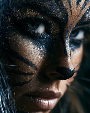 Close-up of a woman's face with dramatic cat makeup and glitter
