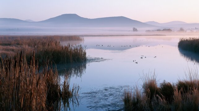 Marsh at dawn near Klamath Falls, Oregon &acirc;&euro;&rdquo; tranquil wetlands with reeds, water reflections and distant mountains