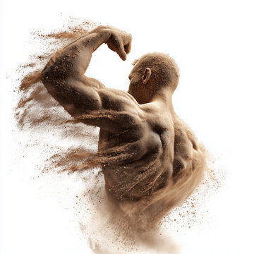 A strong sculpted muscular torso formed from scattered protein powder isolated on white, symbolizing strength, vitality and energy
