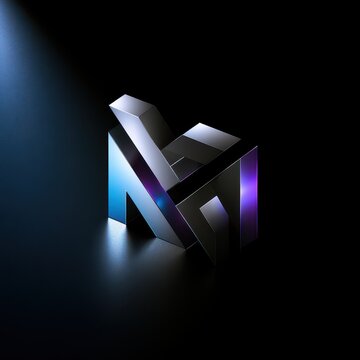 Minimalist initials emblem with interlocking letters on a dark surface, chrome and blue highlights