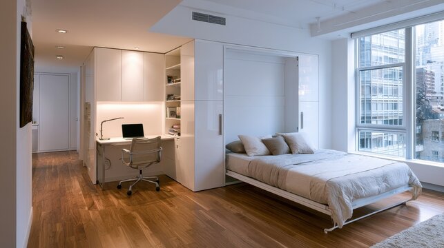 Minimalist one-room apartment with integrated Murphy bed and clean white home office