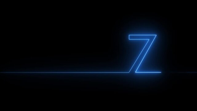 Blue neon line forming the number 7 and a horizontal line on a black background seven numeral
