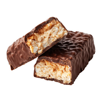 Chocolate snack protein energy fitness bar with nut cereal filling isolated on white background concept of sweet treat