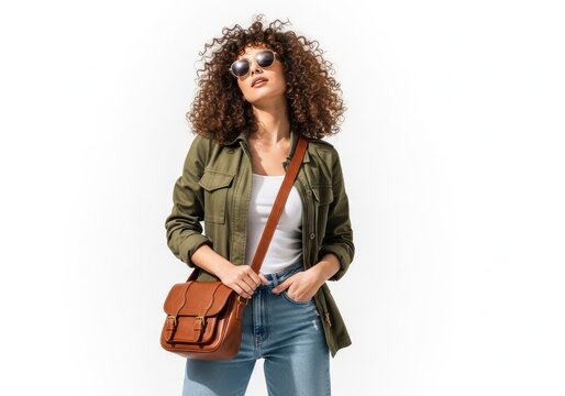 Young woman with colorful hair and sunglasses holding a camera bag