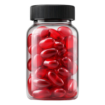 Clear jar filled with red soft gel capsules isolated on white background, concept of health and nutrition supplements