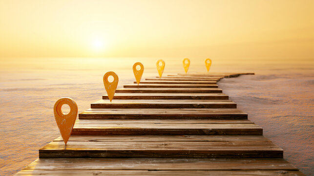 A wooden pier extends into a calm sea at sunset, marked with location pins symbolizing navigation or journey.
