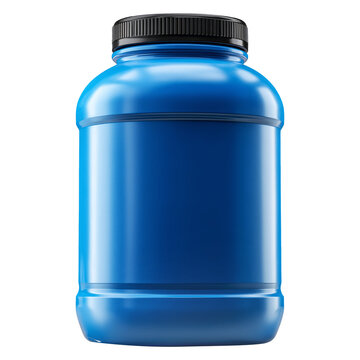 Sport nutrition like whey protein casein, bcaa, creatine blue plastic jar isolated