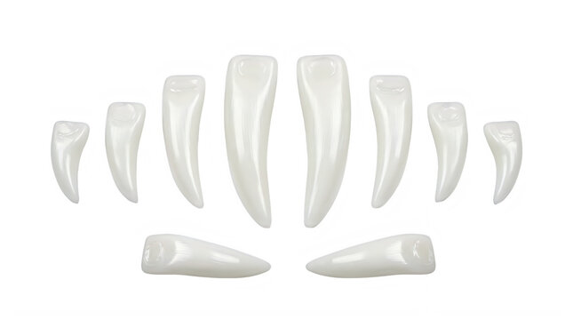 Set of twelve white ceramic teeth arranged in a curved display against a plain background.