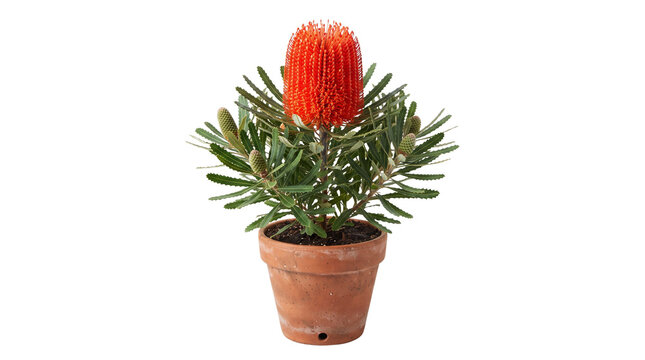 Vibrant orange Banksia flower in terracotta pot, exotic Australian native plant on white background, blooming proteaceae shrub for home decor