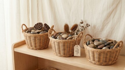 Obraz premium Natural wicker baskets filled with assorted smooth river stones and botanical elements on wooden shelving, a charming educational sensory exploration set for mindful learning environments.