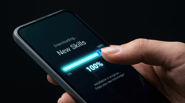 Workforce automation skills gap progress on smartphone with hand touch and digital download screen