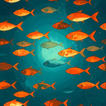 Fish form wallpaper design swimming in dense patterns creating bold retro mod moving aesthetic generative AI